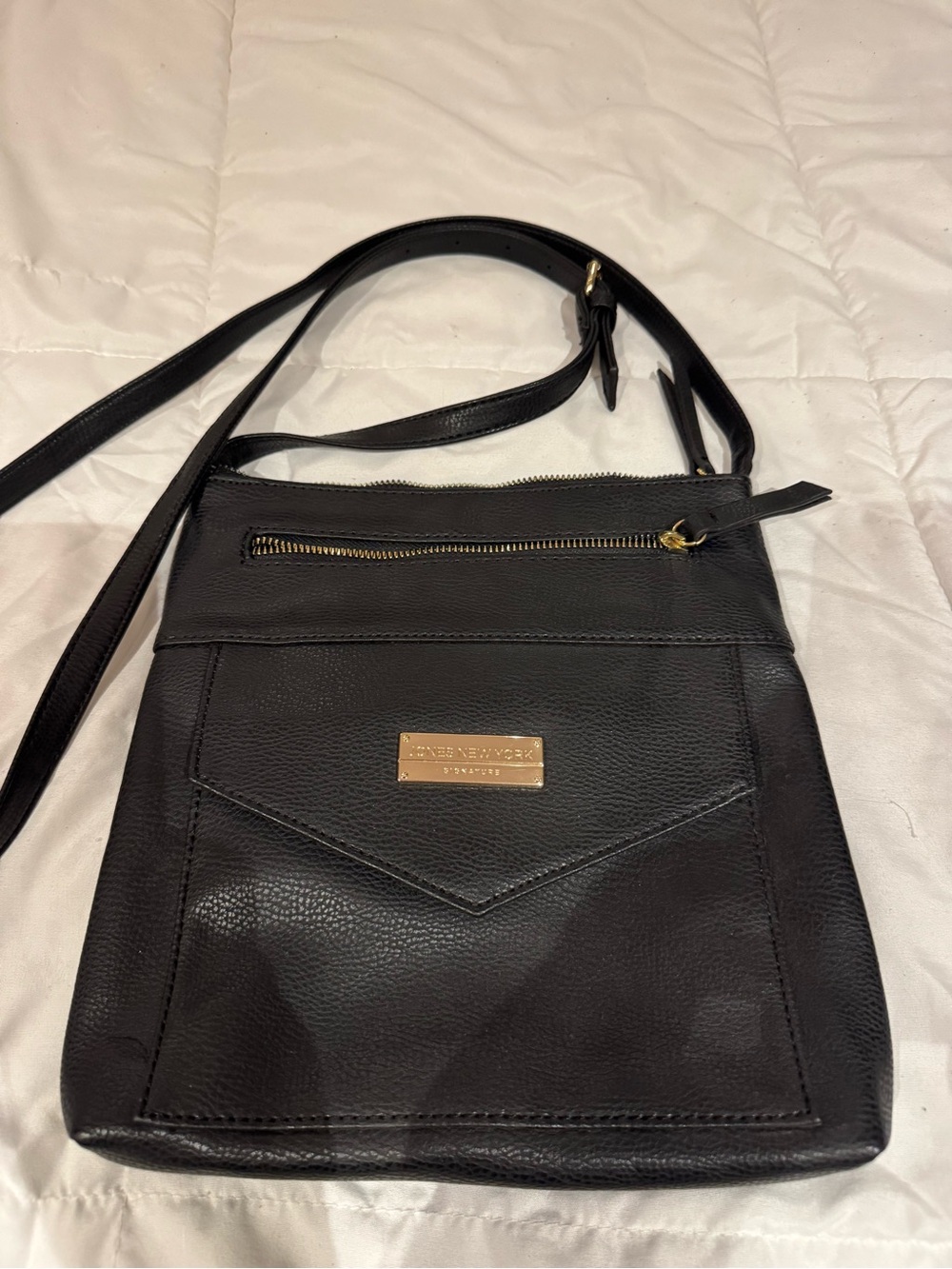 Jones New York Black Leather Crossbody with Gold Accent